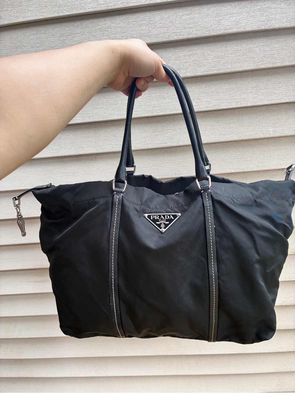 Prada Black Nylon Tote with Leather Trim and Logo Plaque ( authentic )